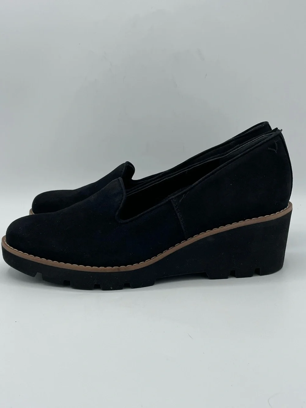 Vionic Willa Black Suede Wedge Loafers - Slip-On Comfort.